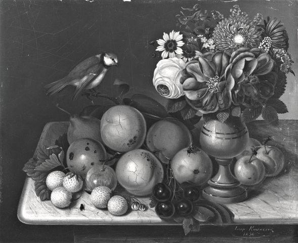 Christie's — Kuwasseg Leopold - sec. XIX - Natura morta con vaso di fiori, frutta e uccello — insieme